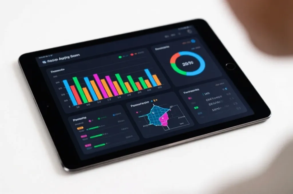 An analytical dashboard on a tablet showing colorful sports data charts, possession bar graphs, and tactical heatmaps