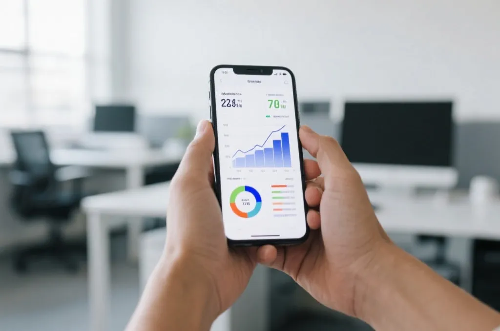 A person holding a smartphone showing abstract sports statistics charts and clean data visualization, modern office desk setting, bright and focused atmosphere
